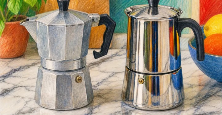 Classic octagonal aluminum moka pot beside a modern polished stainless steel moka pot — showing the two main material options side by side