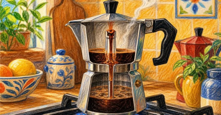 Moka pot on a gas burner with concentrated coffee flowing upward through the spout into the upper collection chamber