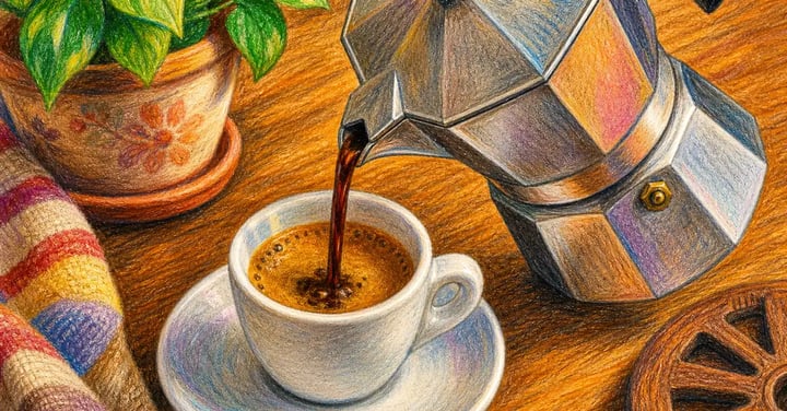 Dark concentrated moka pot coffee being poured from a stovetop brewer into a small white espresso cup