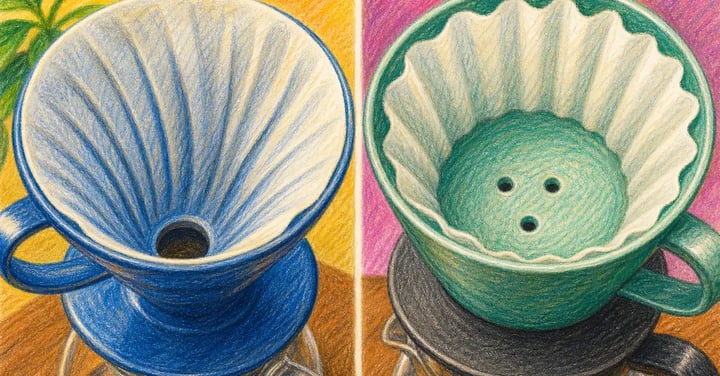 Side-by-side comparison of a cone coffee dripper and a flat-bottom dripper, showing the single large hole of the cone versus the three small holes of the flat bed