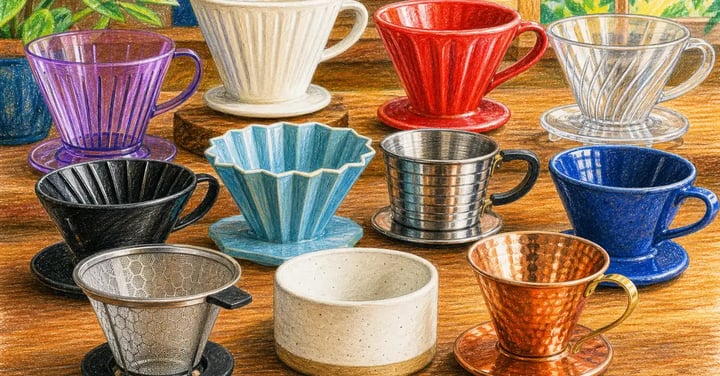 Multiple pour-over coffee drippers on a wooden surface — cone-shaped and flat-bottom styles in plastic, stainless steel, and ceramic showing the variety of manual brewing options