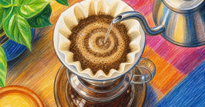 Gooseneck kettle pouring hot water in spiral circles through a paper filter in a cone coffee dripper on top of a glass carafe, viewed from above