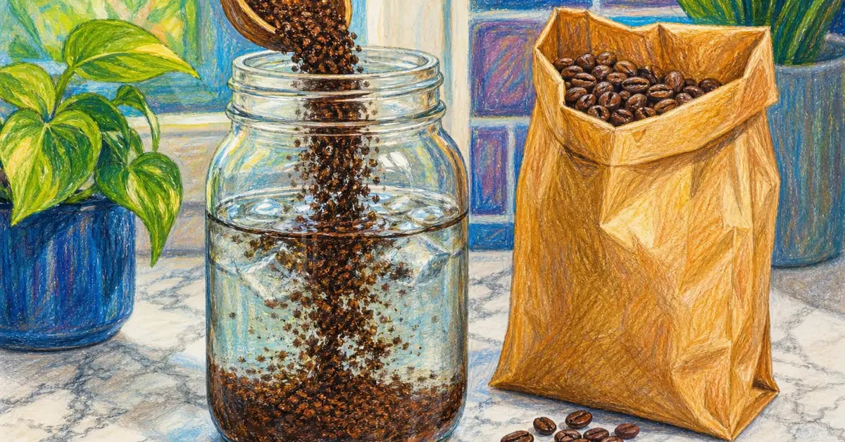 Coarsely ground coffee being combined with cold water in a mason jar for cold brew steeping