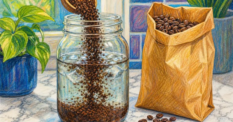 Coarsely ground coffee being combined with cold water in a mason jar for cold brew steeping