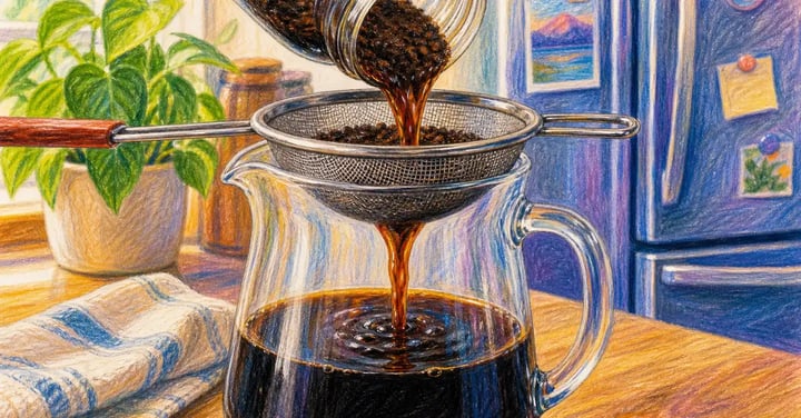 Cold brew coffee being strained through a fine mesh filter into a glass pitcher