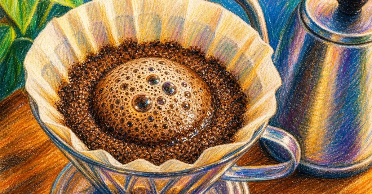 Coffee grounds in a pour-over filter beginning to bloom as water is poured in a spiral