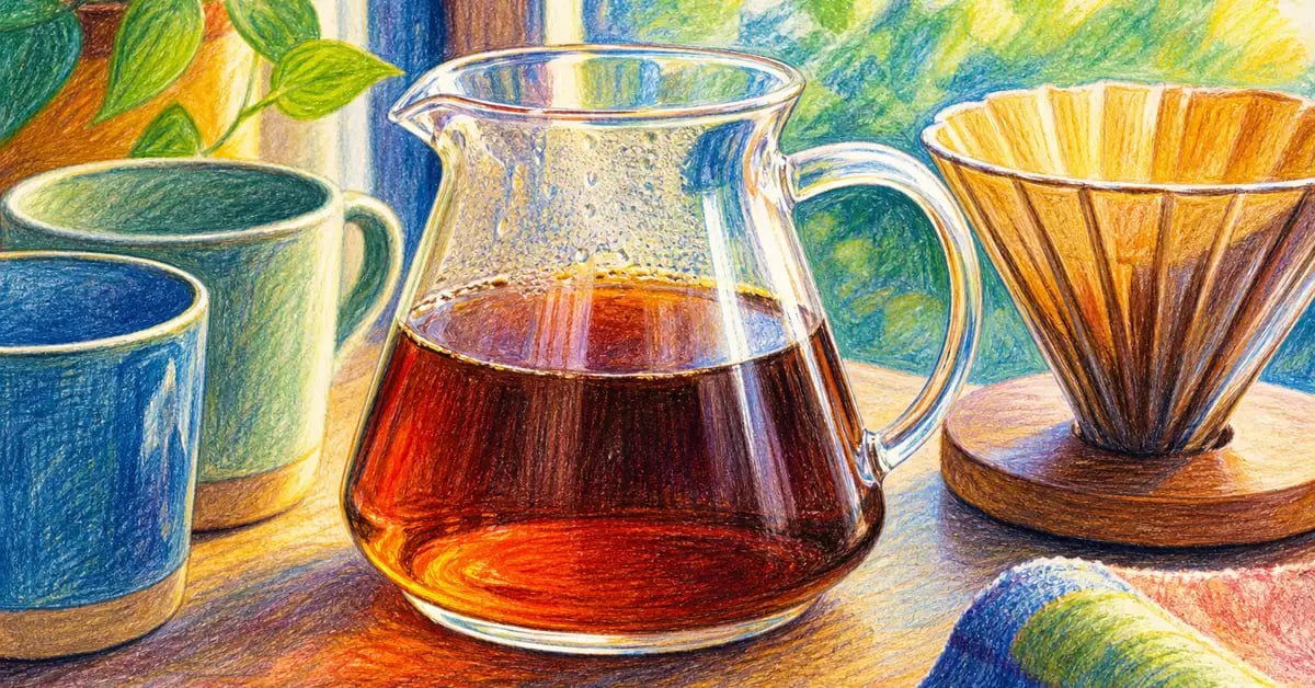 Finished pour-over coffee in a clear glass carafe showing rich amber color after drawdown
