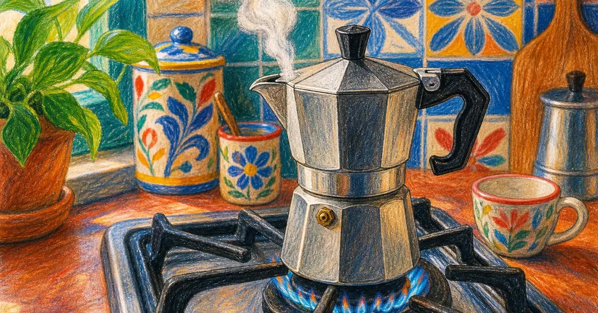 Moka pot on gas burner with small flame showing correct medium-low heat for stovetop brewing