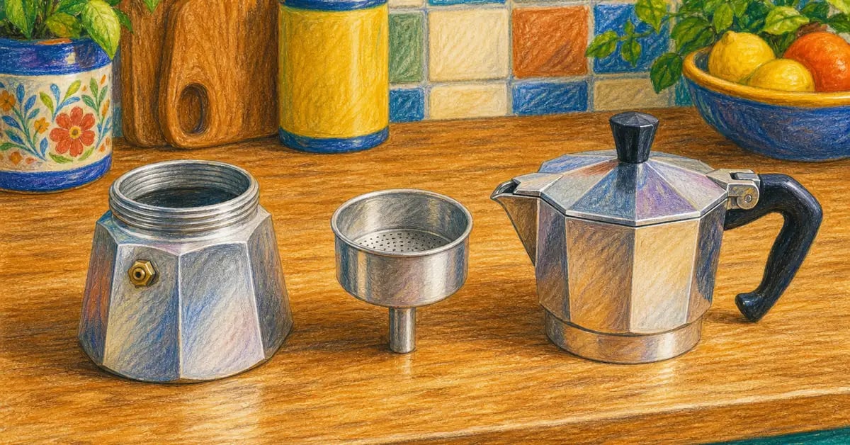 Moka pot disassembled into three parts — boiler, filter basket, and top chamber — ready to fill and assemble