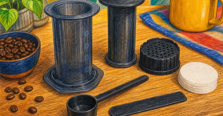 AeroPress parts laid out on a wooden counter — chamber, plunger, filter cap, scoop and stirrer