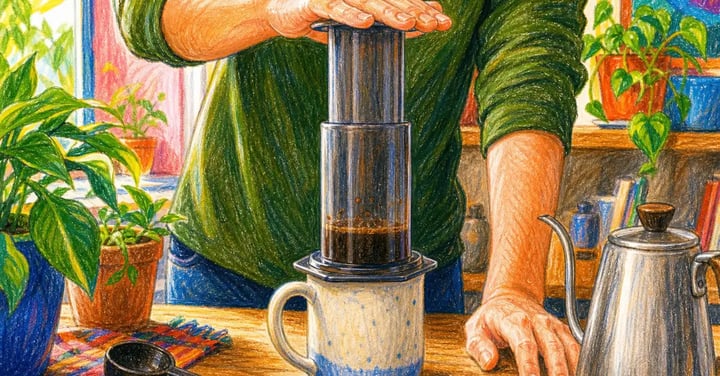 Pressing down the AeroPress plunger slowly during the inverted method final press step