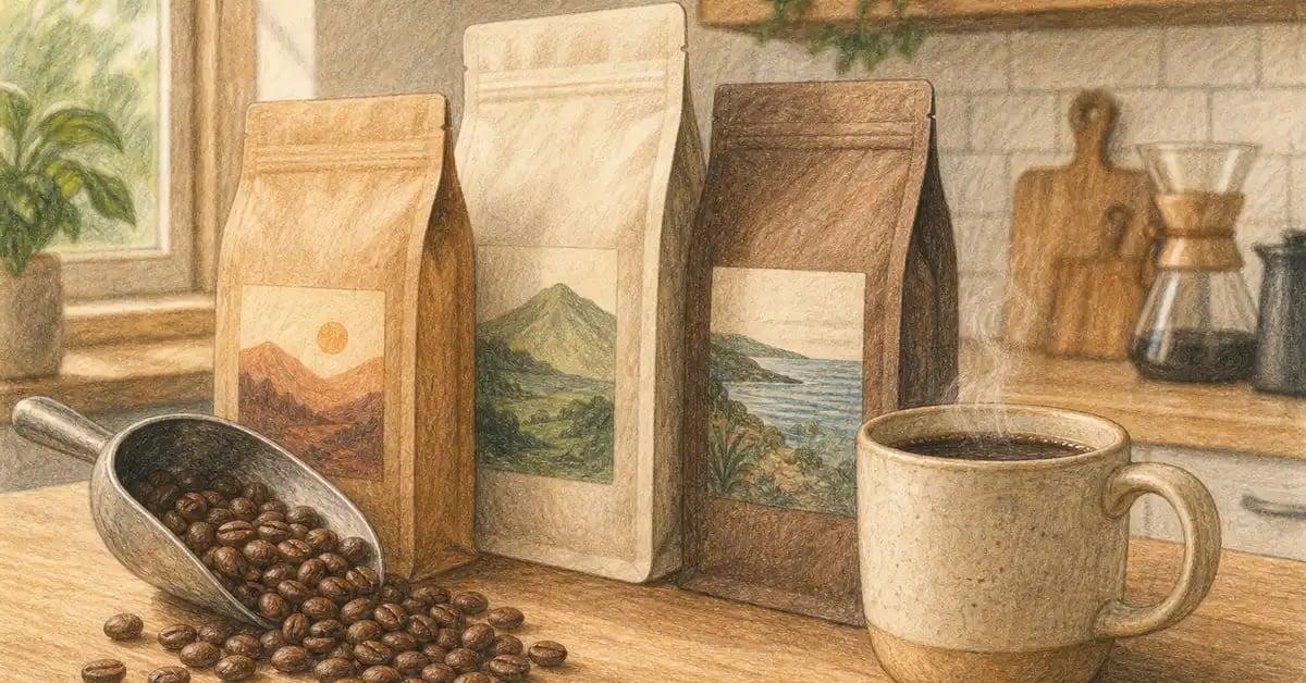 Whole coffee beans spilling from a scoop beside coffee subscription bags and a mug of coffee — Café Grade beans and subscriptions hub