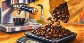 Whole espresso coffee beans being poured onto a kitchen scale with an espresso machine softly blurred in the background