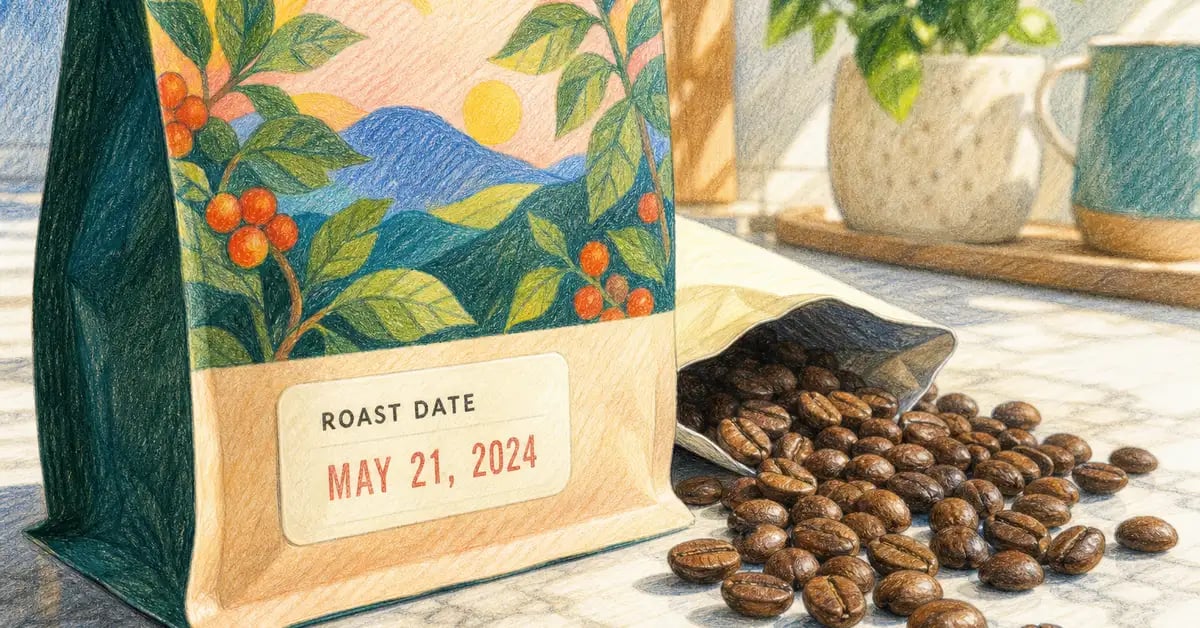 Specialty coffee bag showing a roast date label with whole coffee beans scattered beside it on a kitchen counter