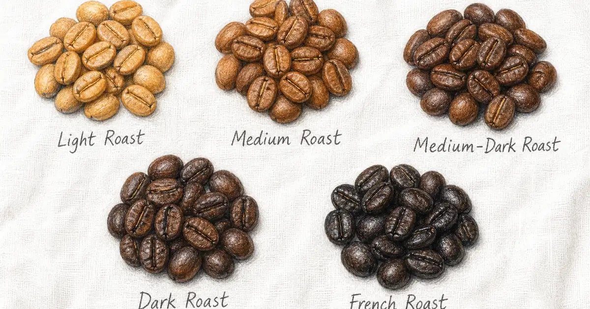 Five piles of whole coffee beans showing different roast levels from light to dark brown on a clean white linen surface