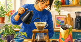 Home barista pouring water from a gooseneck kettle into a V60 pour-over dripper with specialty coffee beans open beside it