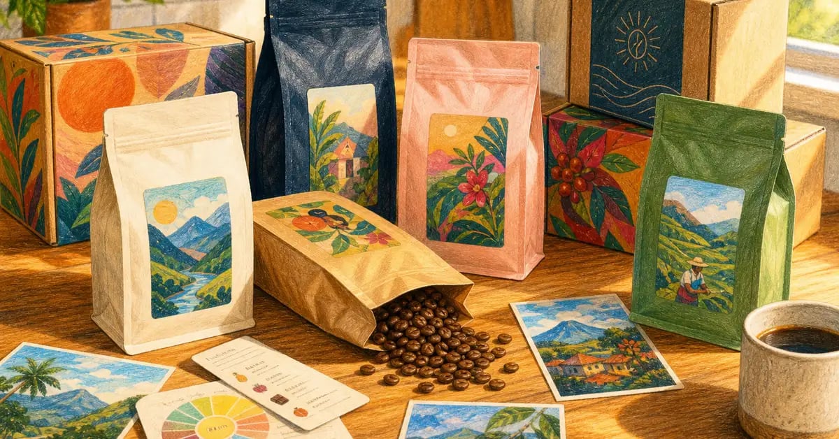 Specialty coffee subscription bags and boxes arranged on a kitchen counter with whole beans and origin tasting notes