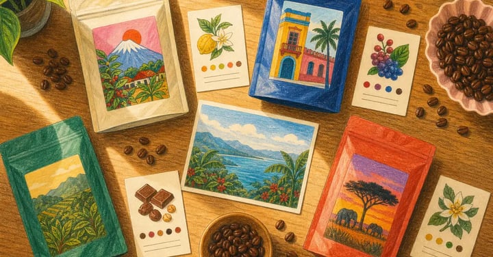 Specialty coffee subscription bags from different countries arranged on a wooden table with tasting notes and origin postcards