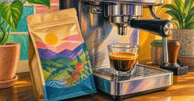 Specialty decaf coffee bean bag leaning against a home espresso machine with a freshly pulled shot showing decaf works well for espresso brewing
