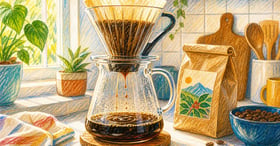 Pour-over coffee maker dripping fresh decaf coffee into a glass carafe on a kitchen counter showing proper brewing technique for decaf beans