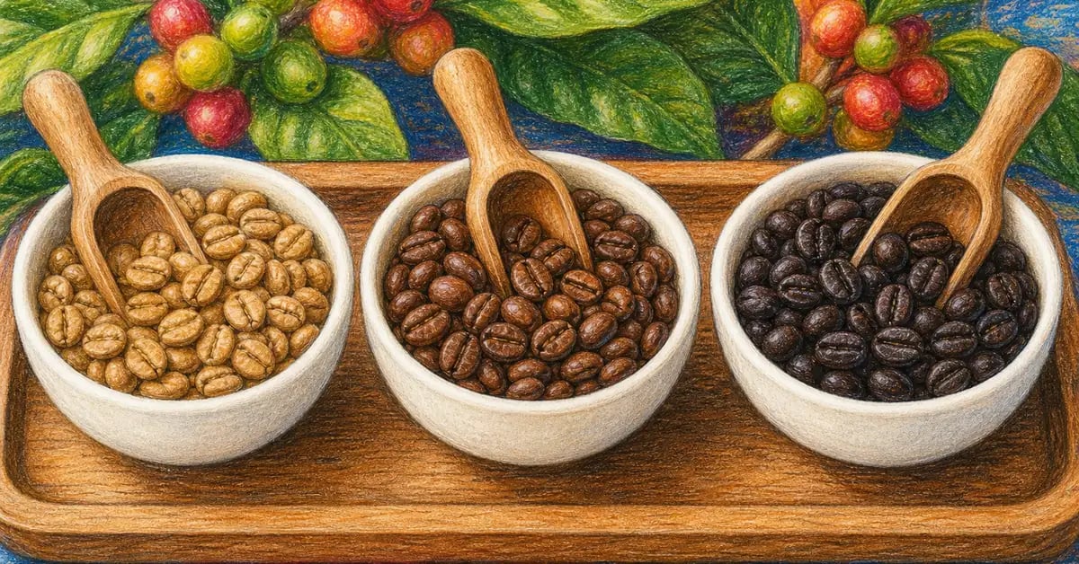 Three bowls of light medium and dark roast coffee beans side by side on a wooden tray showing decaf roast level options available from specialty to budget