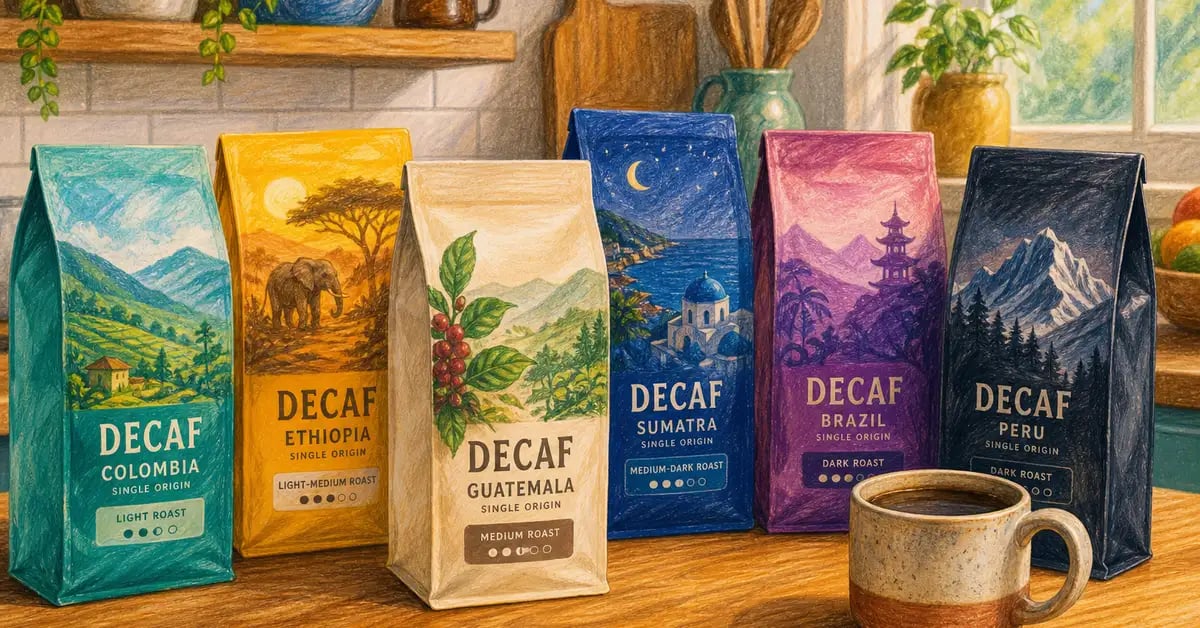 Collection of specialty decaf coffee bean bags on a wooden kitchen counter showing variety of roast levels and origins available in 2026