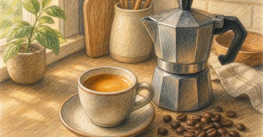 Pencil-crayon illustration of a cup of espresso with crema beside coffee beans and a moka pot — Café Grade best decaf coffee for espresso