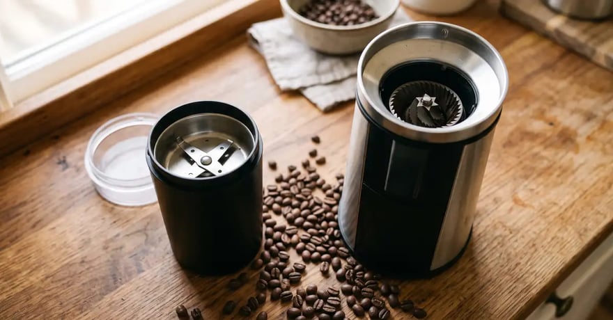 Generic blade grinder and burr grinder side by side on a kitchen counter with whole coffee beans — Café Grade blade vs burr grinder comparison