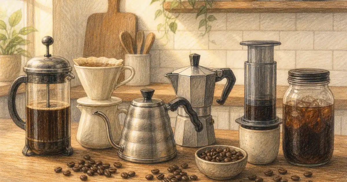 French press, pour-over dripper, moka pot, AeroPress and a jar of cold brew arranged on a kitchen counter — Café Grade coffee brewing methods