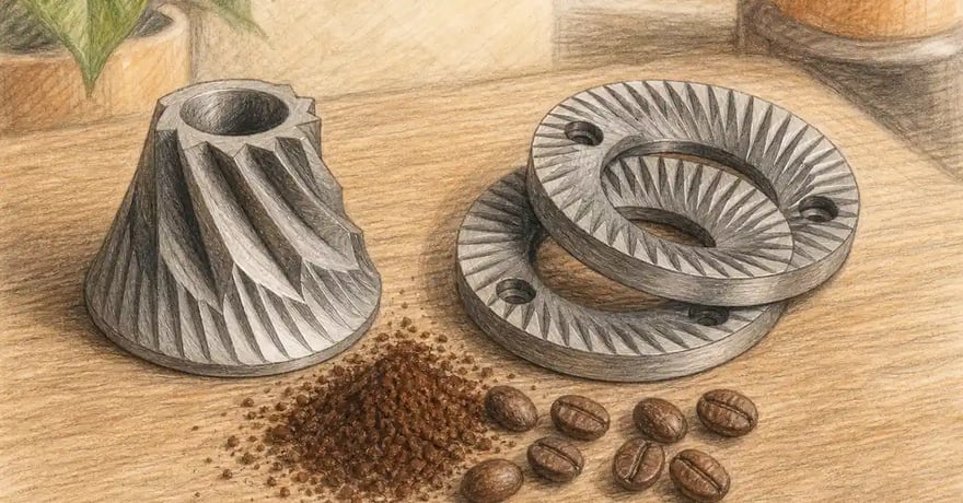 Illustration comparing a conical coffee burr and flat ring burrs side by side — Café Grade conical vs flat burr grinder
