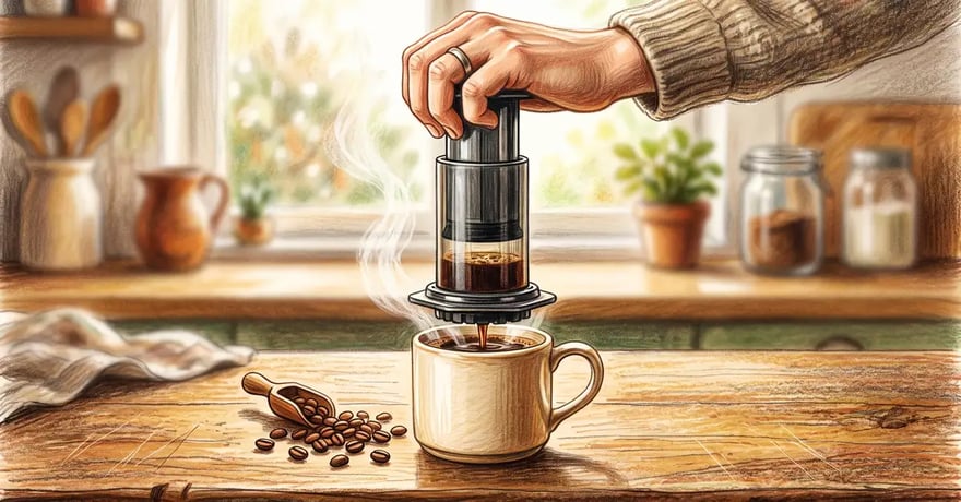Hand pressing an AeroPress-style coffee plunger over a mug on a kitchen counter