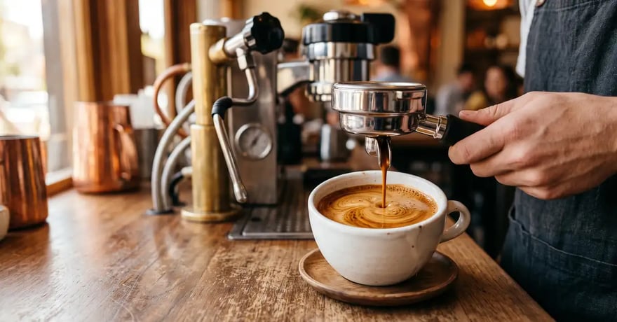 Espresso shot with crema pulling from a portafilter into a small white cup