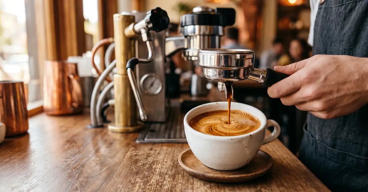 Espresso shot with crema pulling from a portafilter into a small white cup