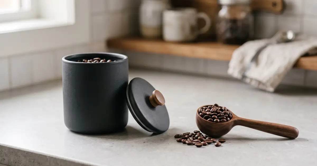 Opaque airtight coffee canister beside roasted whole beans on a cool kitchen counter