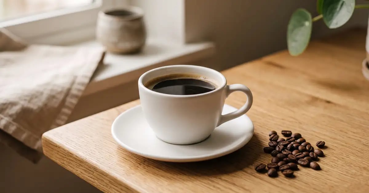 A cup of black coffee beside roasted coffee beans in soft morning light