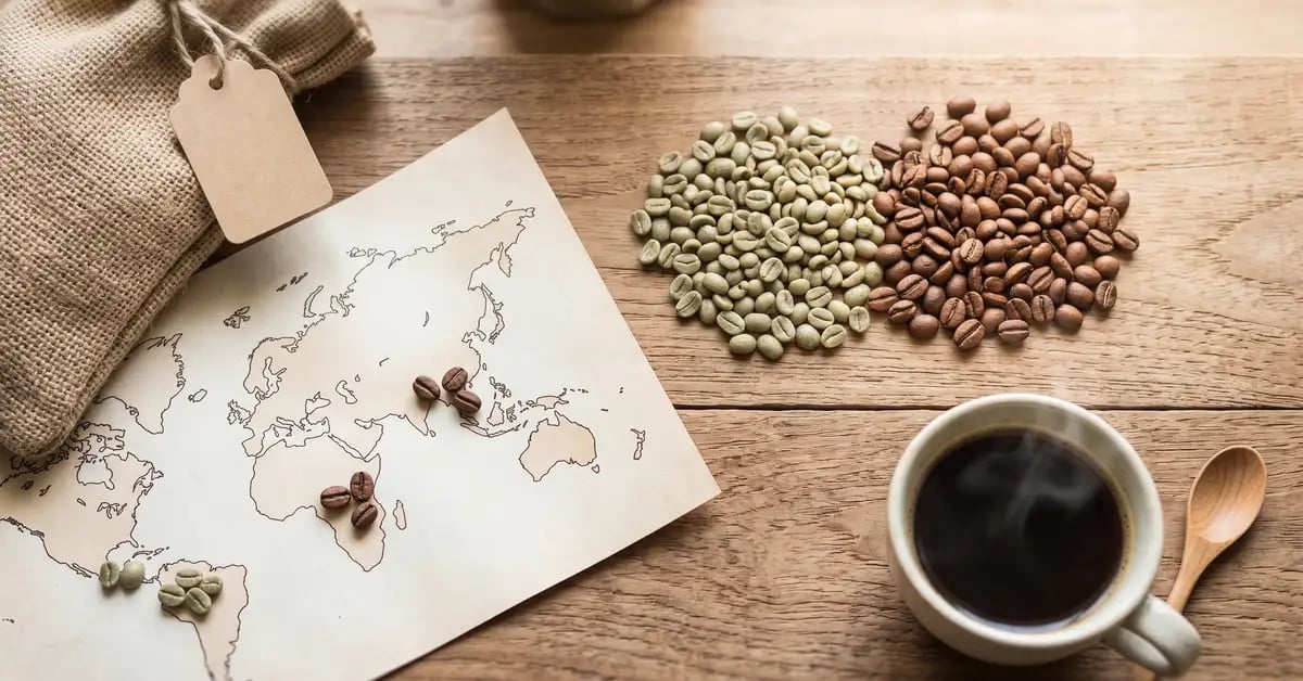 Green and roasted coffee beans beside an origin tag on a wooden surface