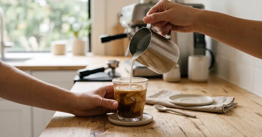 Hand pouring steamed milk into a glass of espresso to make a latte at home