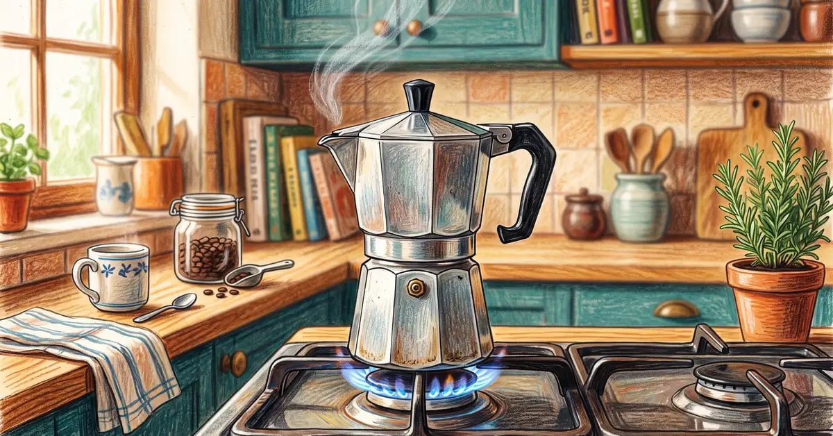 Aluminum stovetop moka pot brewing coffee over a gas burner