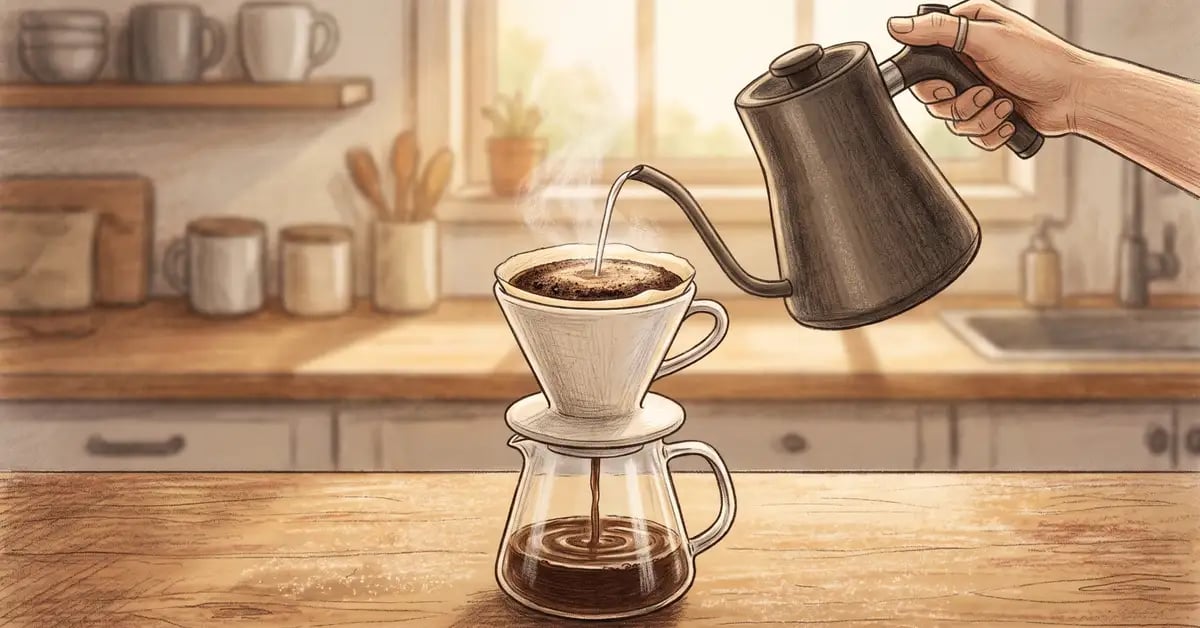 Hand pouring hot water in a slow spiral over coffee grounds in a cone dripper