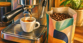 Home espresso machine pulling a shot with a specialty coffee subscription bag open beside it showing whole beans