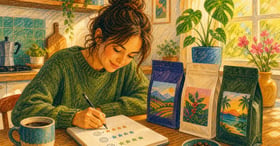 Person writing coffee ratings in a notebook beside specialty coffee subscription bags at a kitchen table
