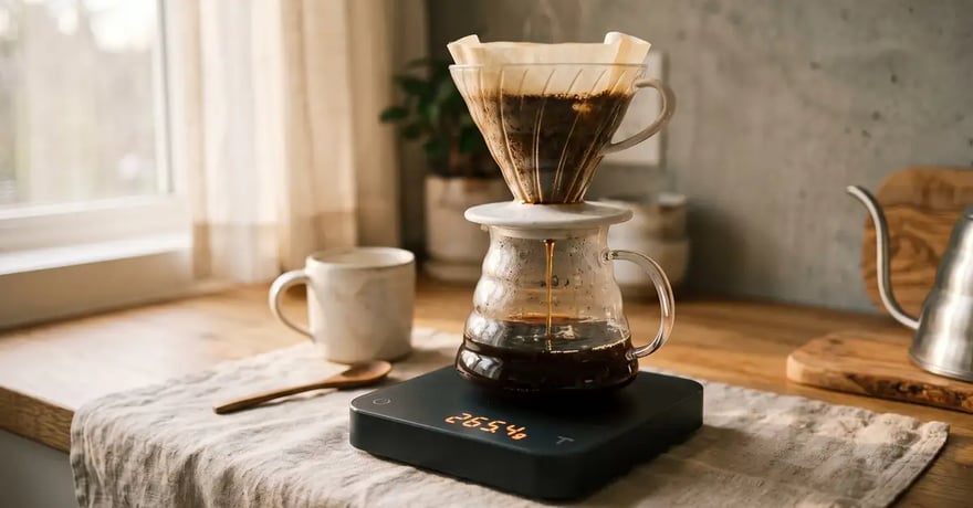 Digital coffee scale on a kitchen counter beside a pour-over dripper and glass carafe