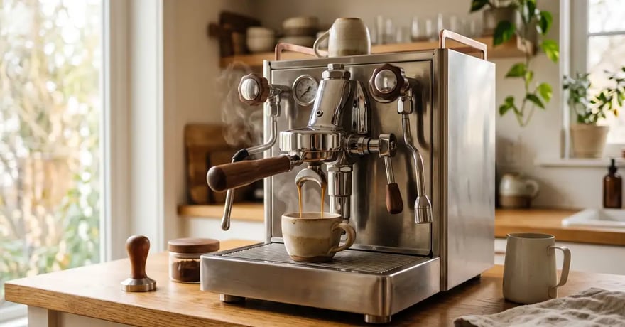 Prosumer home espresso machine with a brass lever group and pressure gauge on a kitchen counter