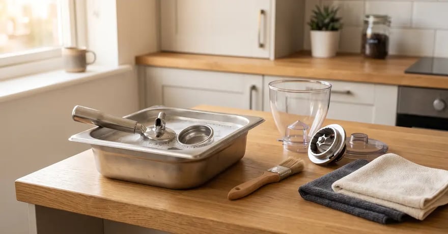 Coffee gear cleaning routine: portafilter soaking, burr grinder brush and cleaning cloths on a kitchen counter