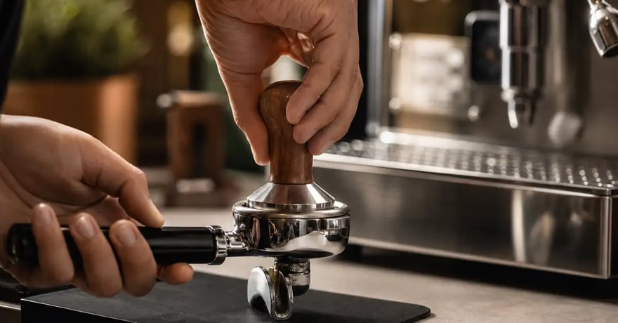 Using a home espresso machine — tamping the portafilter and pulling a fresh espresso shot