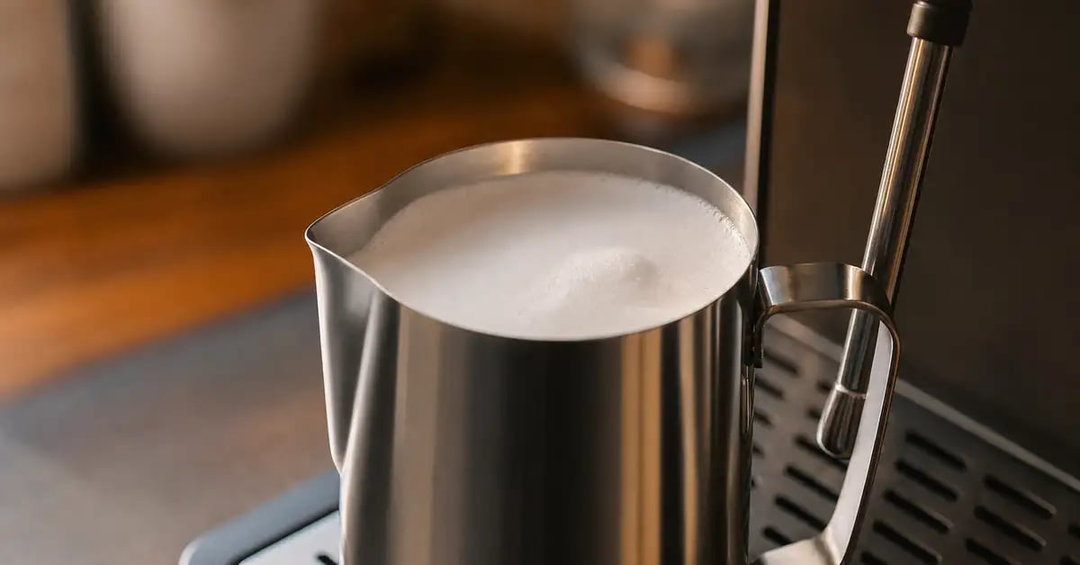 Stainless steel steaming pitcher with silky microfoam beside an espresso machine steam wand