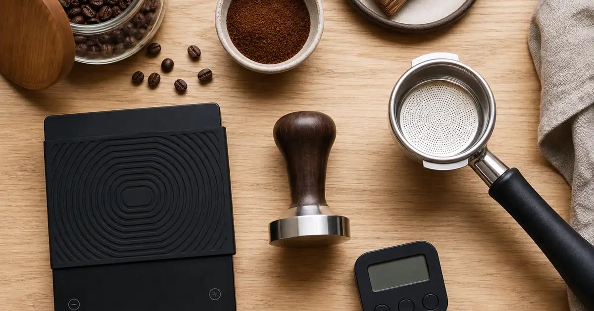 Flat-lay of coffee accessories: digital scale, tamper, and portafilter basket on a wooden surface