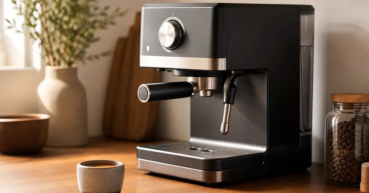 Compact home espresso machine on a warm wooden counter