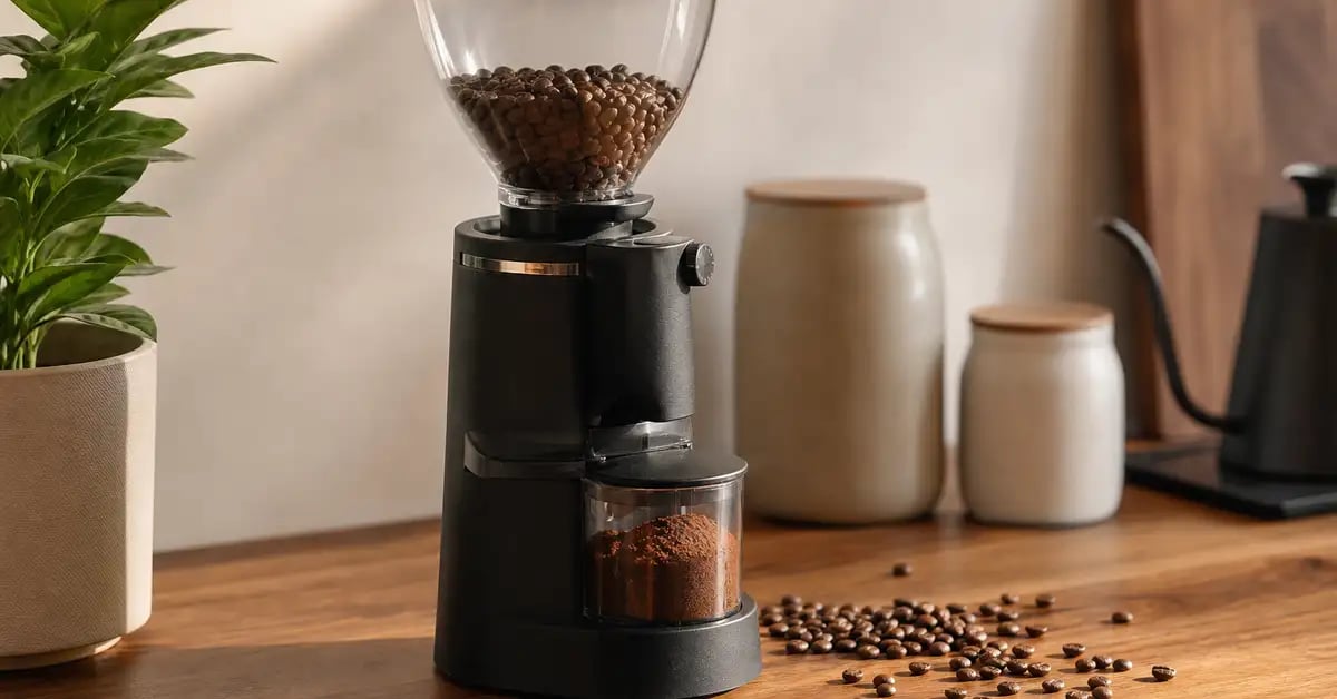 Conical burr coffee grinder on a wooden surface beside coffee beans