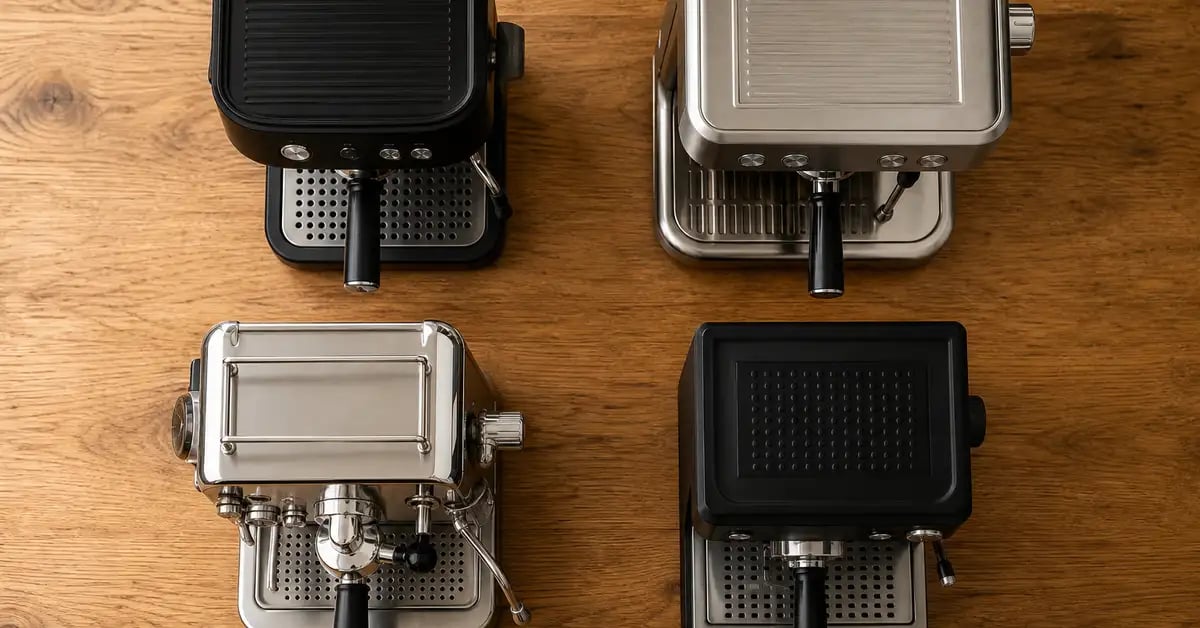 Four home espresso machines on an oak surface, top-down editorial view